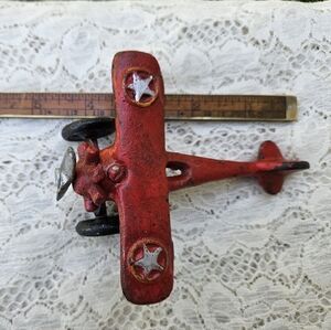 Vintage Cast Iron Toy Plane Figurine Decorative Collectible Red Painted